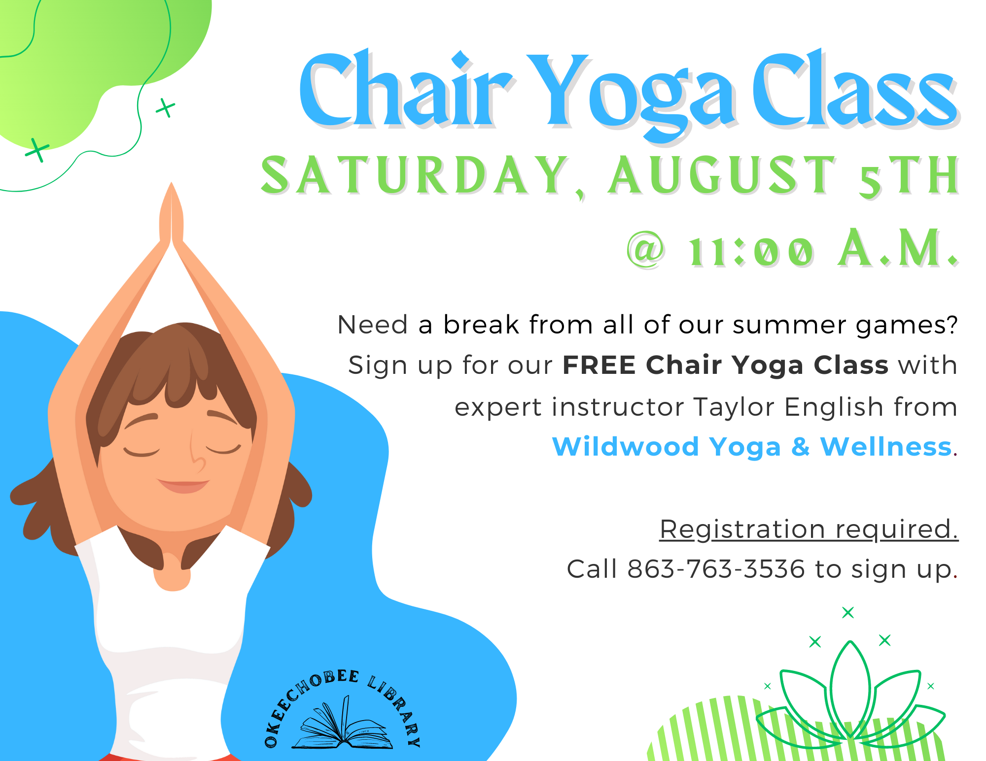 Flyer for a free chair yoga class at a library with a cartoon image of a person doing yoga.