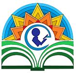 Colorful emblem with a book, human silhouette, and geometric shapes.