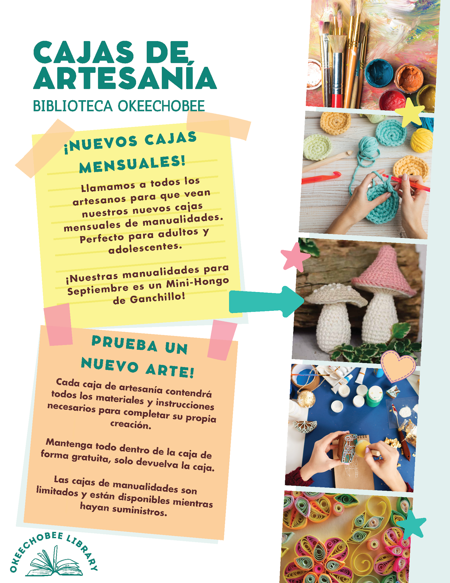 Craft boxes at Okeechobee Library offer new monthly DIY projects for adults and teens, including crochet and various art supplies.