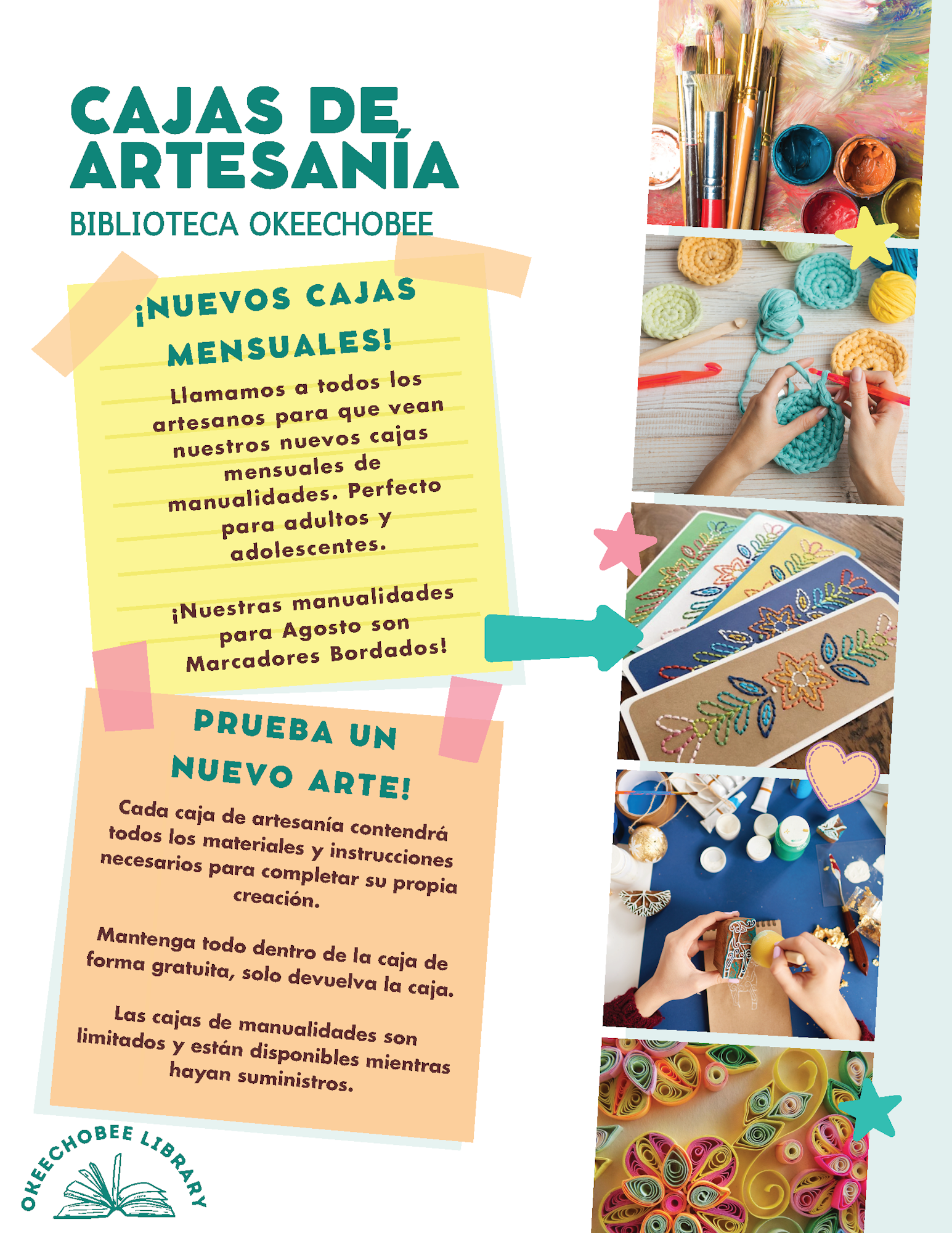 Craft boxes at Okeechobee Library with materials and instructions for monthly projects. Perfect for adults and teens.