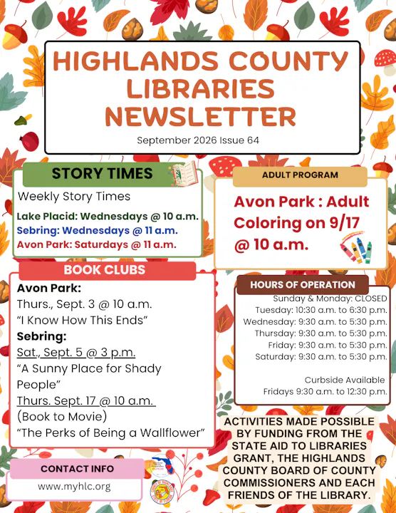 Highlands County Libraries newsletter for September 2026 features story times, book clubs, an adult coloring program, and hours of operation.