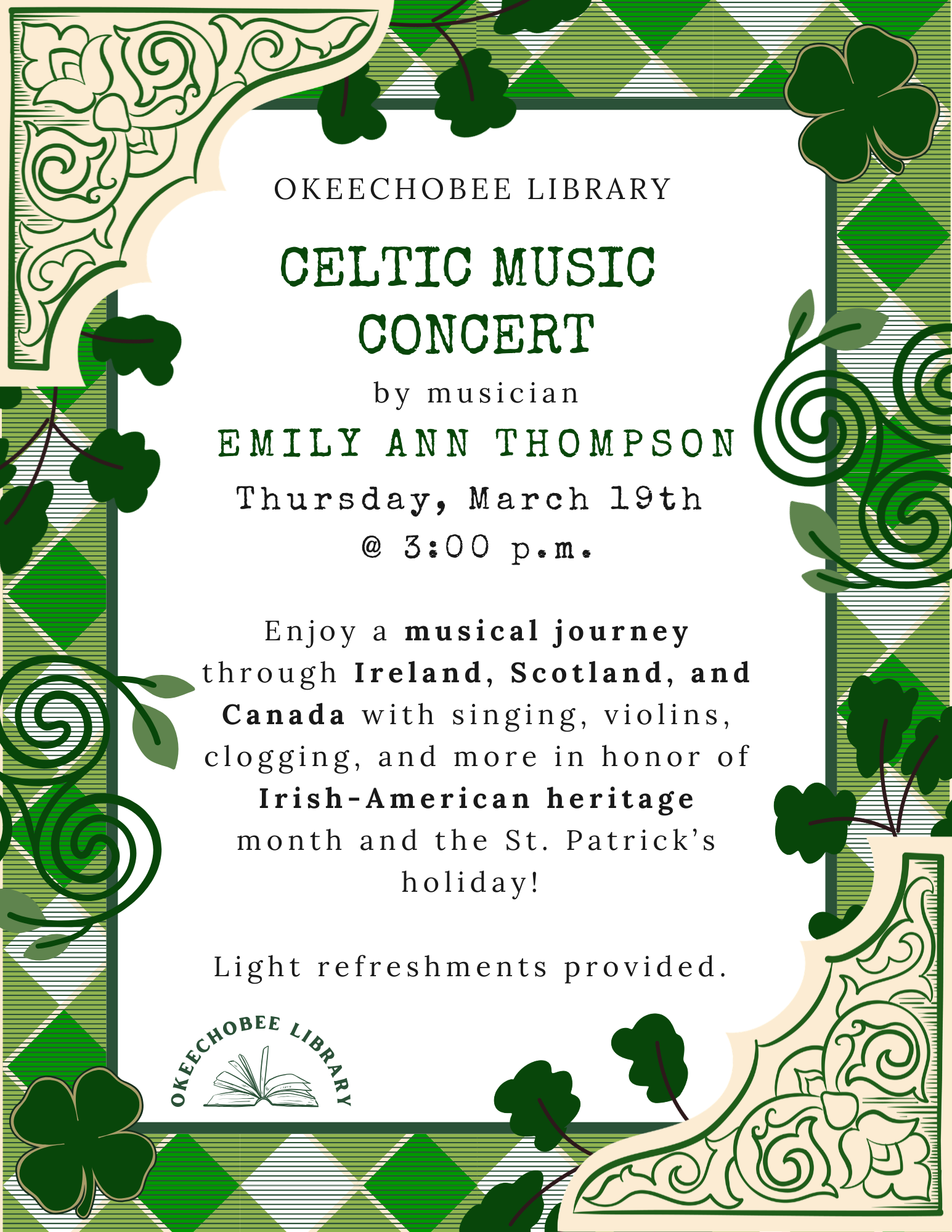 Celtic music concert by Emily Ann Thompson at Okeechobee Library on March 19, 3 p.m. Celebrate Irish-American heritage!