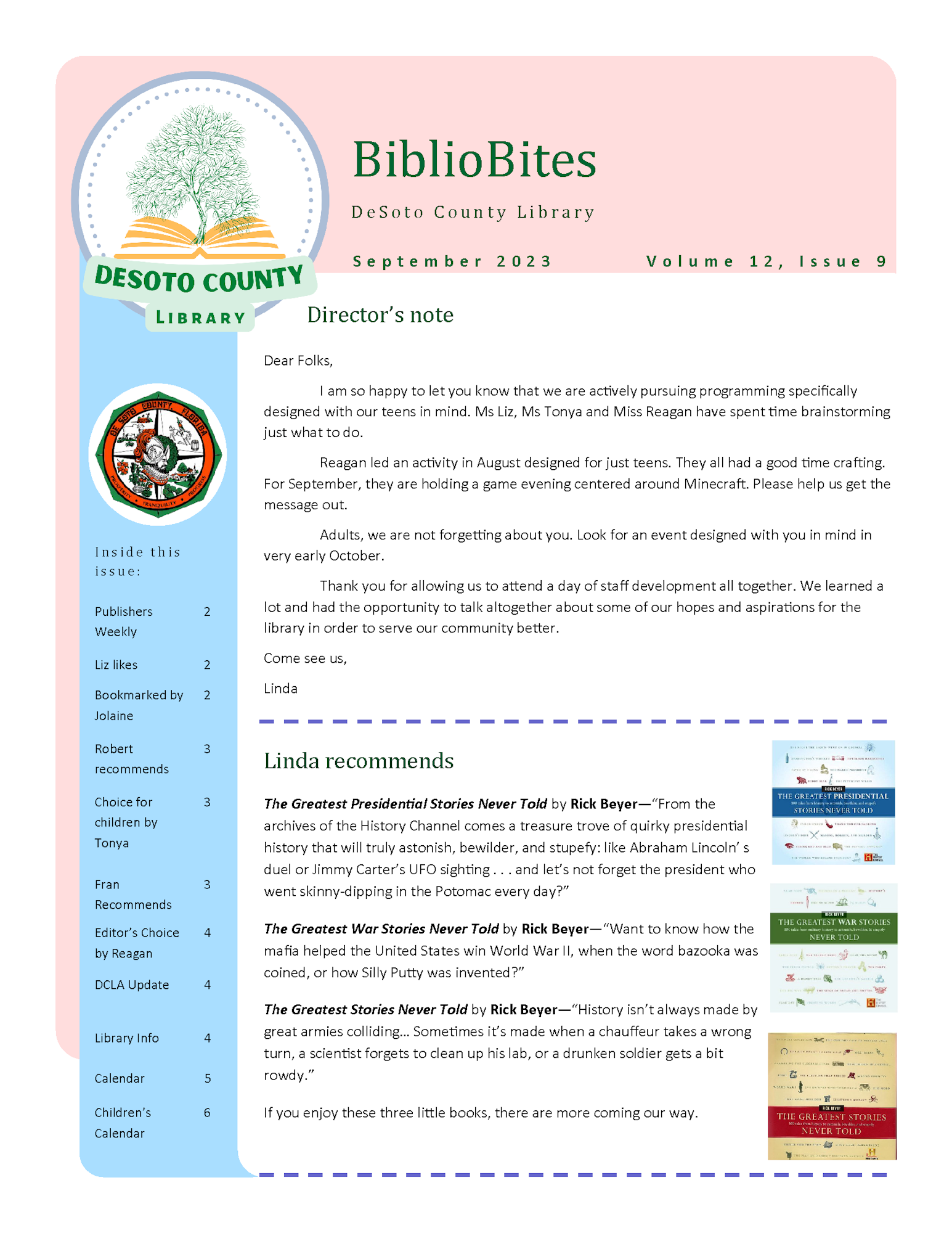 It's an image of a newsletter titled "BiblioBites" from DeSoto County Library for September 2023, including a director's note and book recommendations.