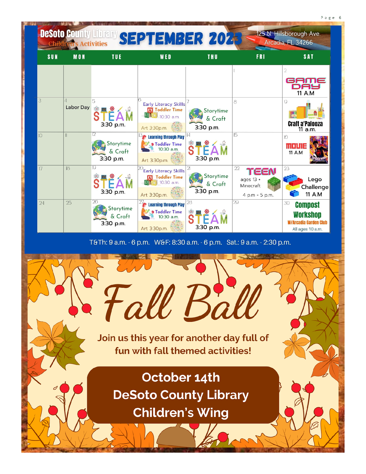 A colorful flyer for DeSoto County Library's September events and a Fall Ball announcement for October.