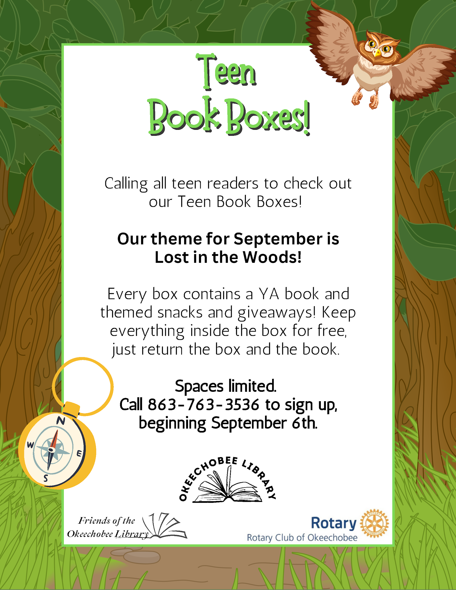Teen Book Boxes ad for September theme "Lost in the Woods" at Okeechobee Library, with sign-up details starting September 6th.