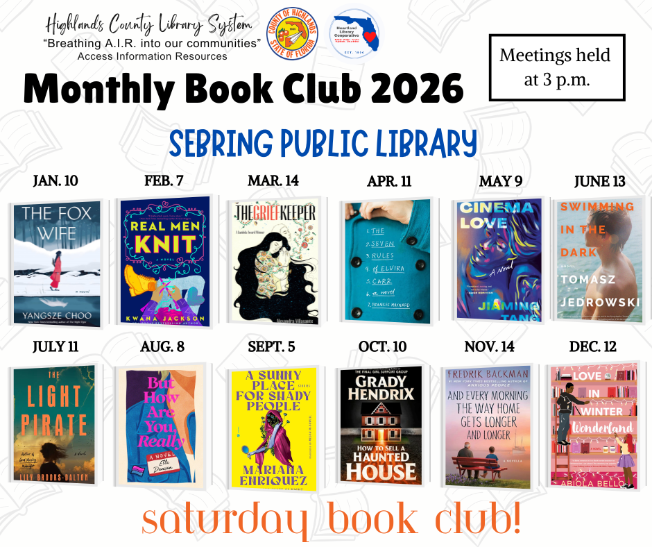 Monthly Book Club 2026 at Sebring Public Library. Meetings at 3 p.m. on various dates with different book titles featured.