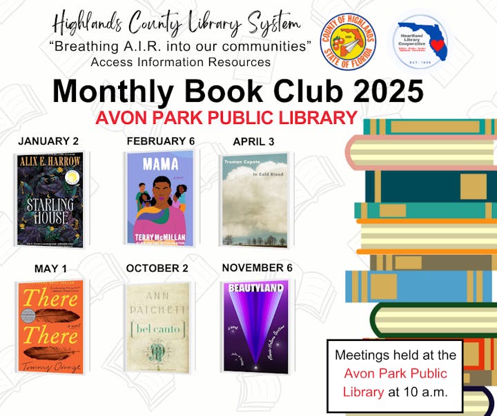 Poster for a 2025 monthly book club at Avon Park Public Library, showing a schedule of book titles and dates.