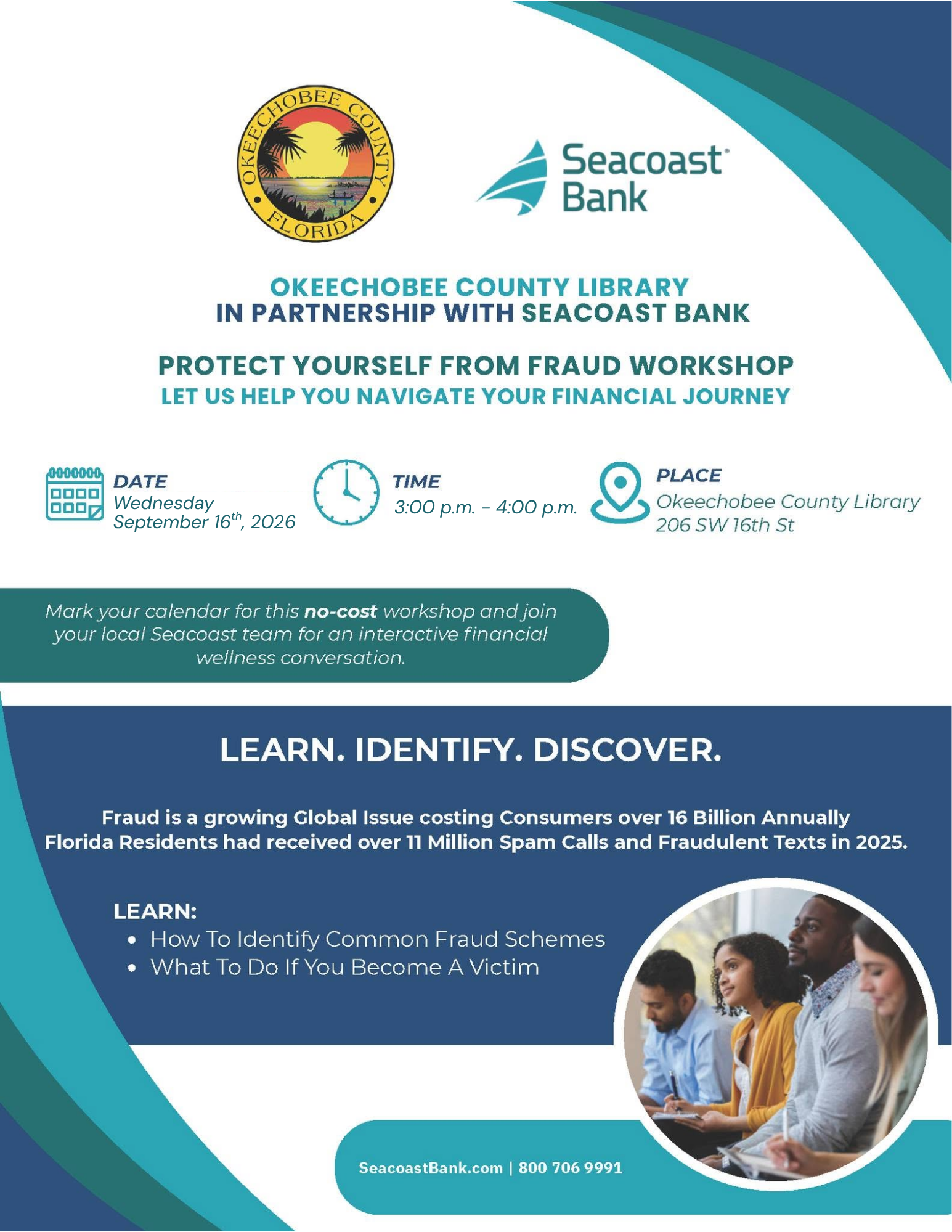 Workshop on fraud prevention at Okeechobee County Library, Sept 16, 2026, 3-4 PM. Free event by Seacoast Bank. Learn to protect yourself!