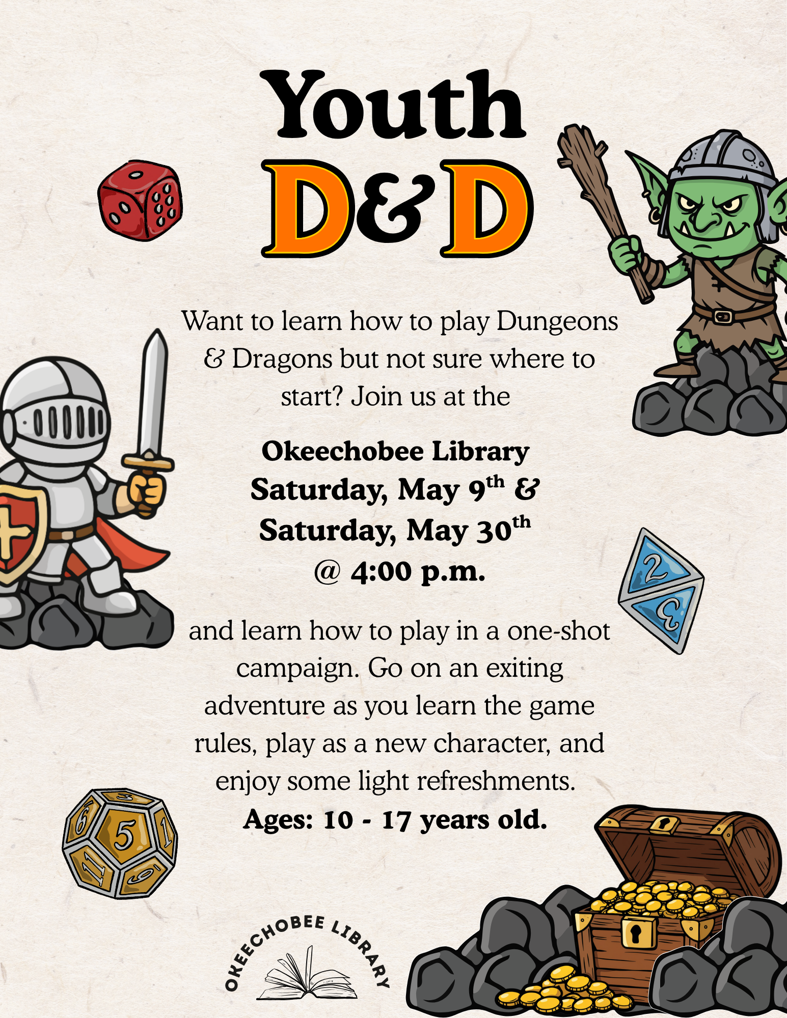 Join the Youth D&D event at Okeechobee Library on May 9 & 30 for ages 10-17. Learn gameplay with a one-shot campaign!