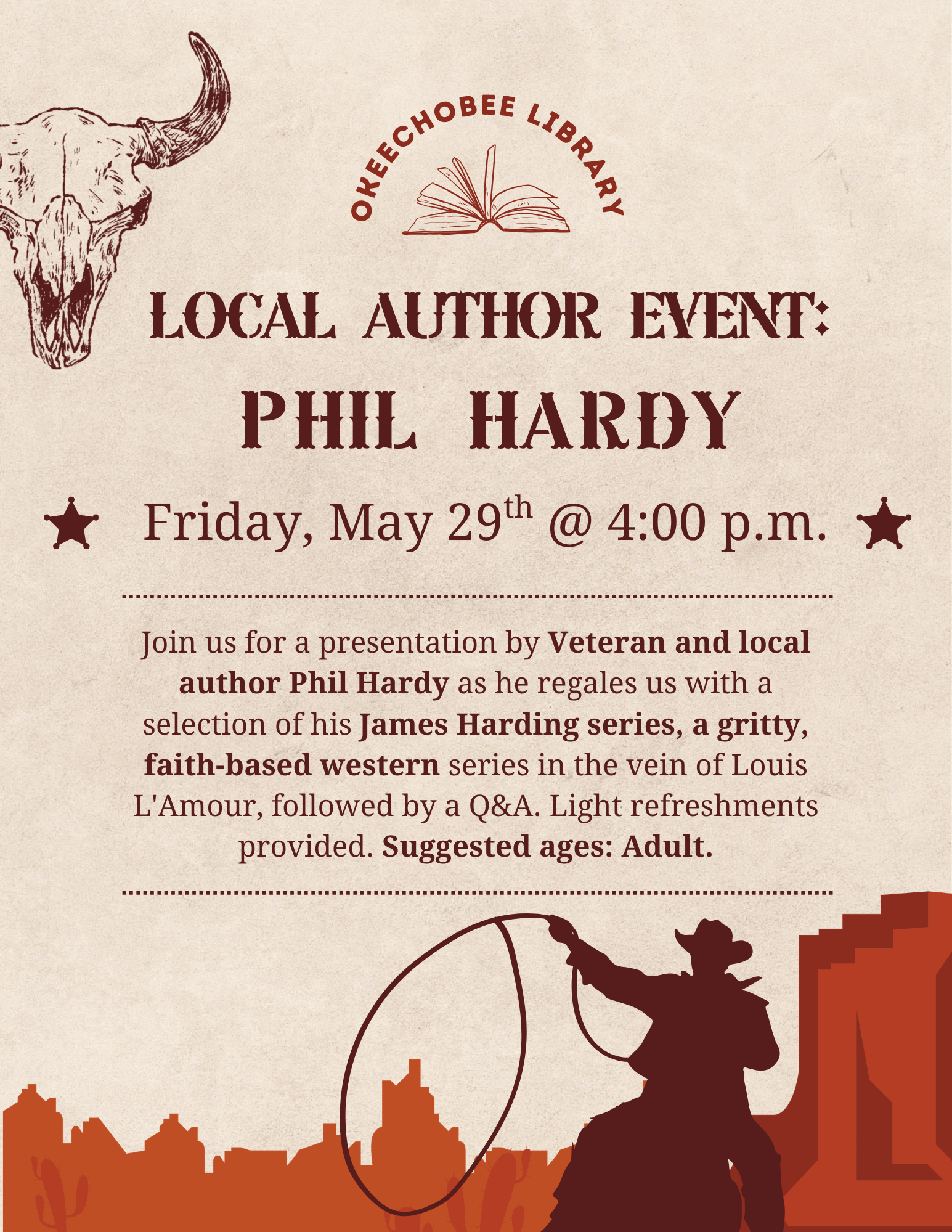 Event announcement for author Phil Hardy at Okeechobee Library on May 29. Presentation, Q&A, and refreshments. Suggested ages: Adult.