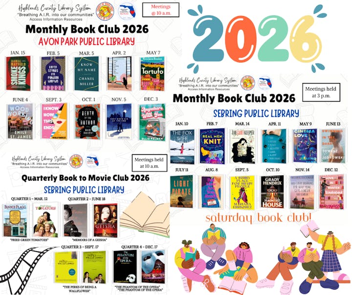 2026 book club schedules for Avon Park and Sebring Libraries with monthly and quarterly meetings.