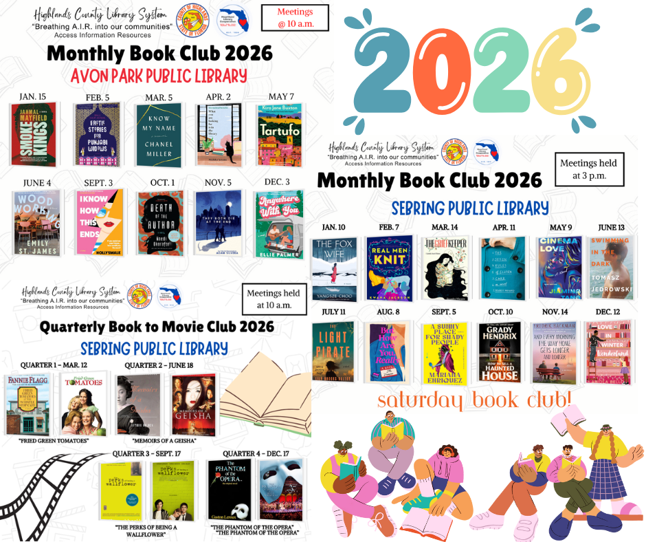 2026 book club schedules for Avon Park and Sebring Libraries with monthly and quarterly meetings.