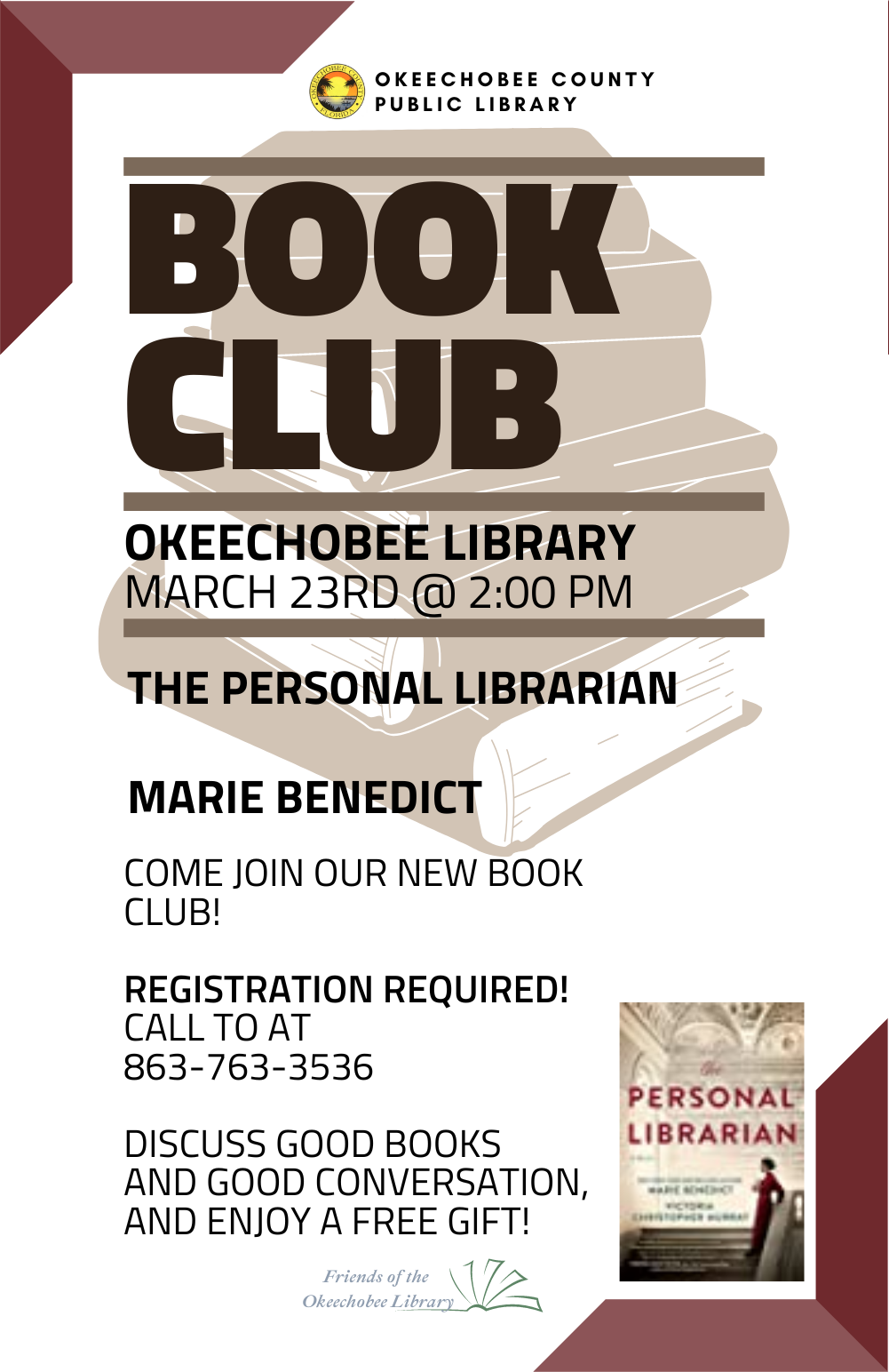 Poster for a book club at Okeechobee Library on March 23rd at 2 PM, discussing "The Personal Librarian" by Marie Benedict. Registration required.