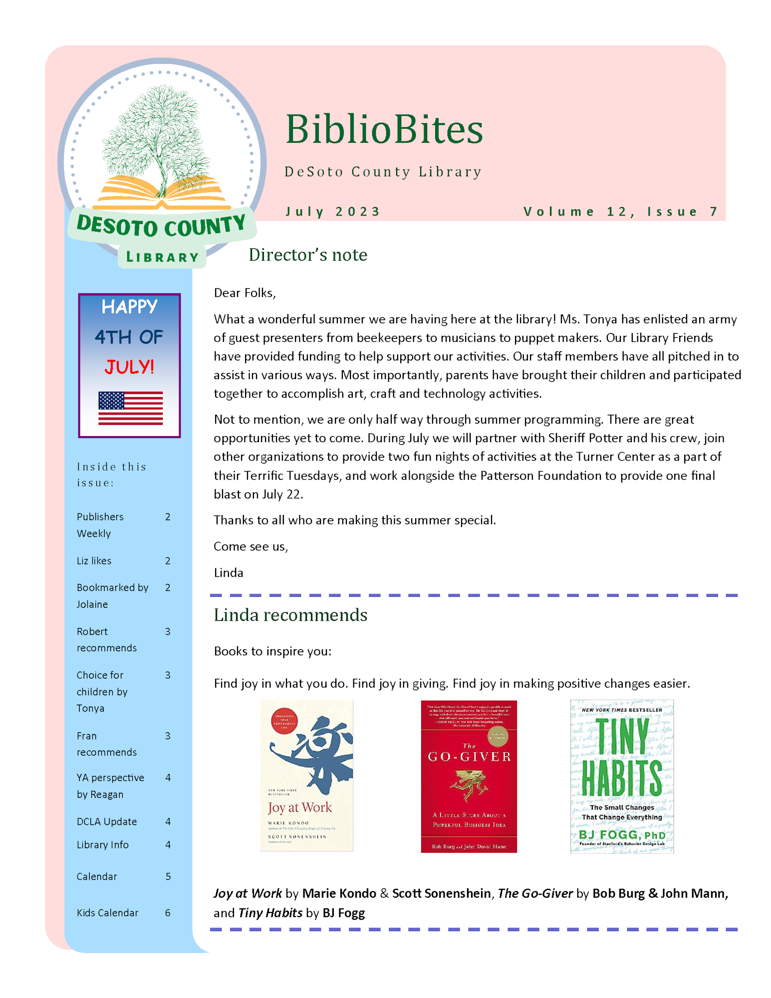An image of a newsletter called "BiblioBites" from DeSoto County Library with July events, book recommendations, and a director's note.
