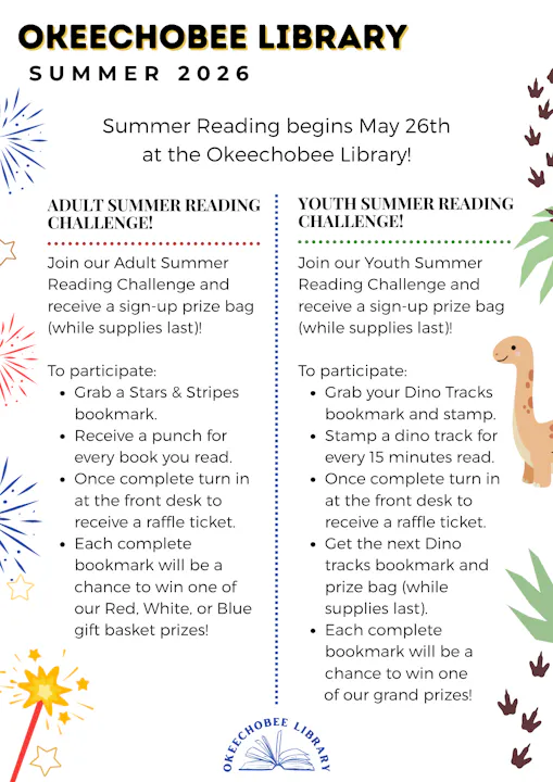 Okeechobee Library's Summer Reading Challenge starts May 26 for adults and youth, offering prize bags and raffle tickets.