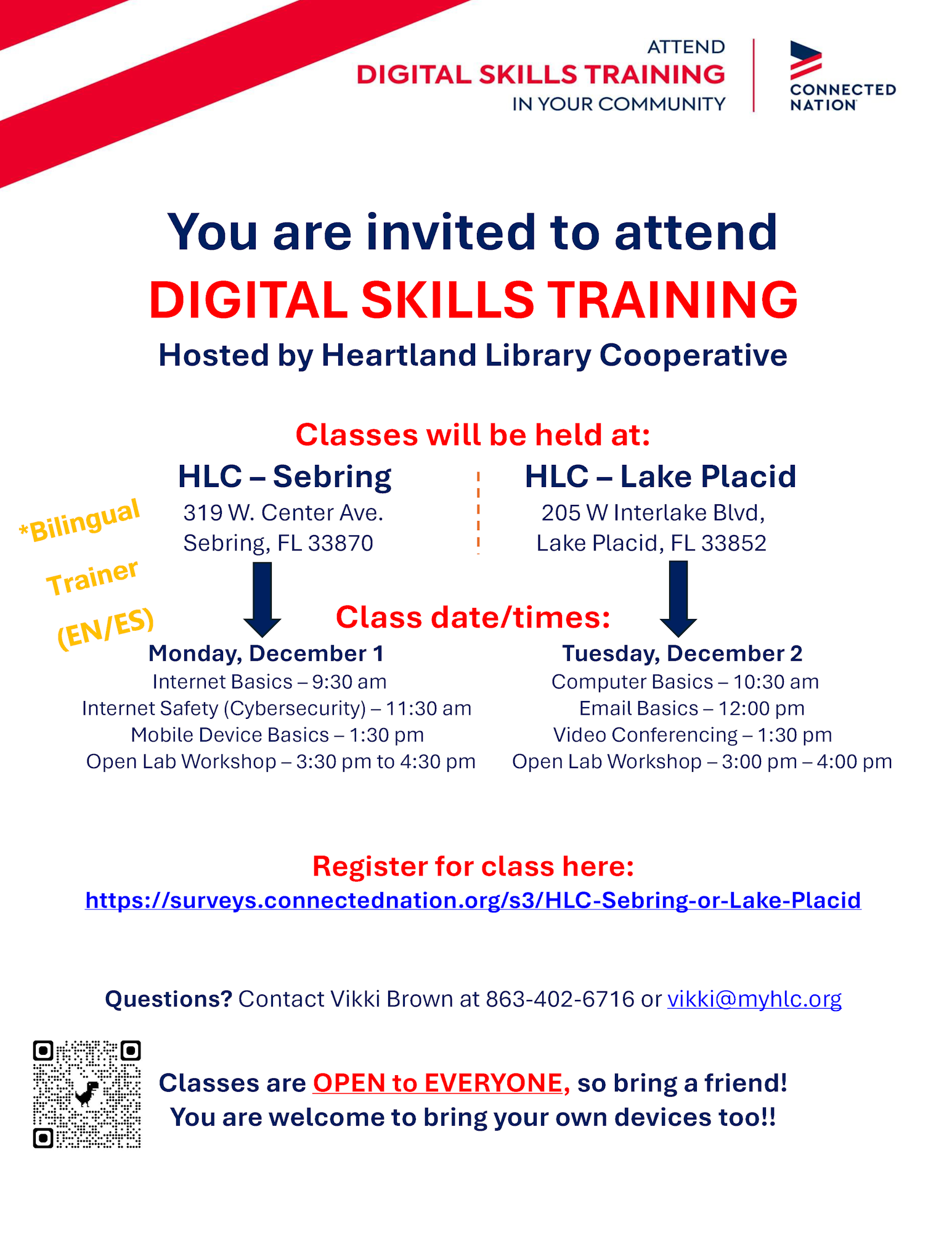 Participation invitation for Digital Skills Training at Heartland Library Cooperative in Sebring and Lake Placid, FL. Classes on Dec 1-2.