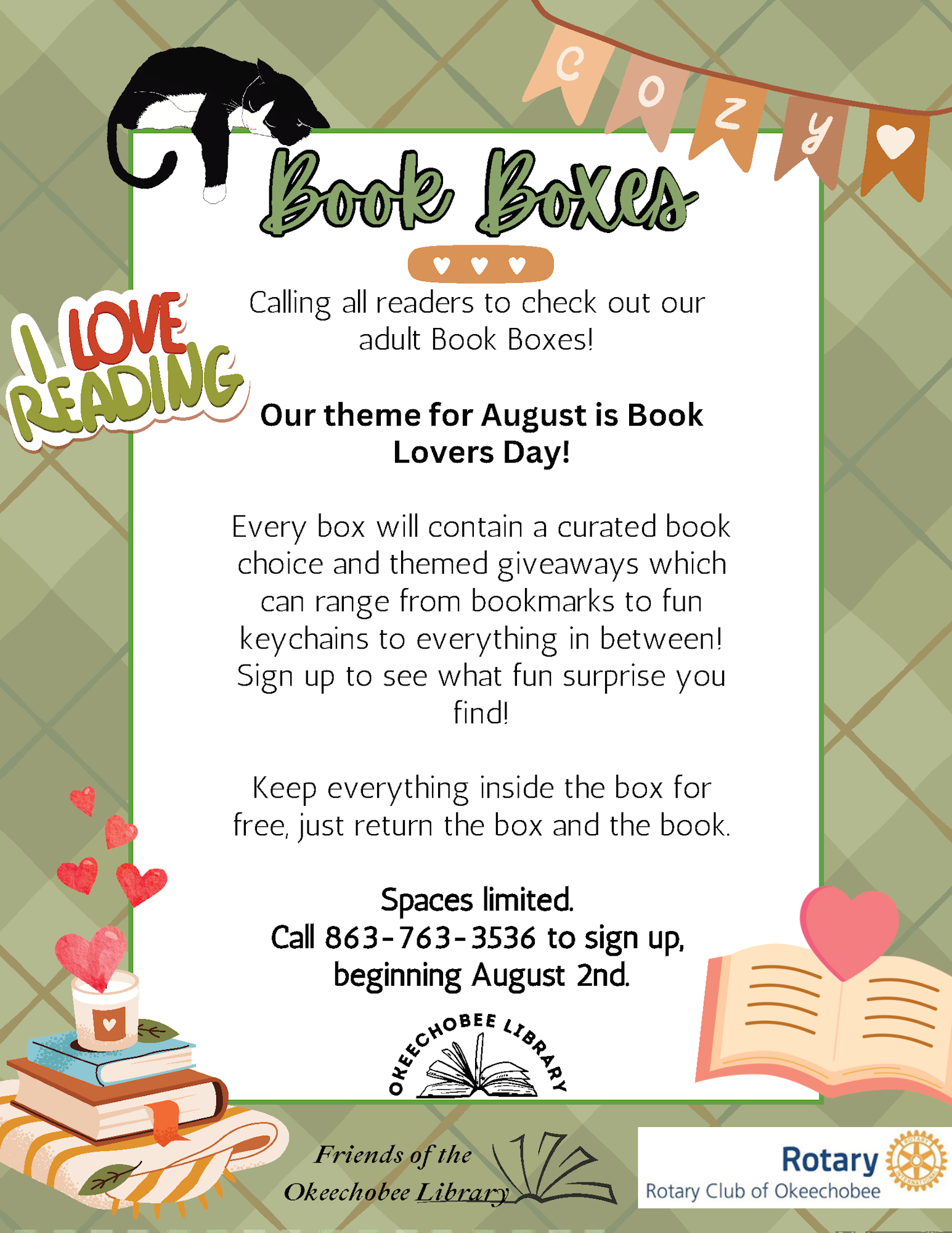 Flyer for Okeechobee Library's "Book Boxes" event in August with giveaways. Sign-ups start August 2. Spaces limited.