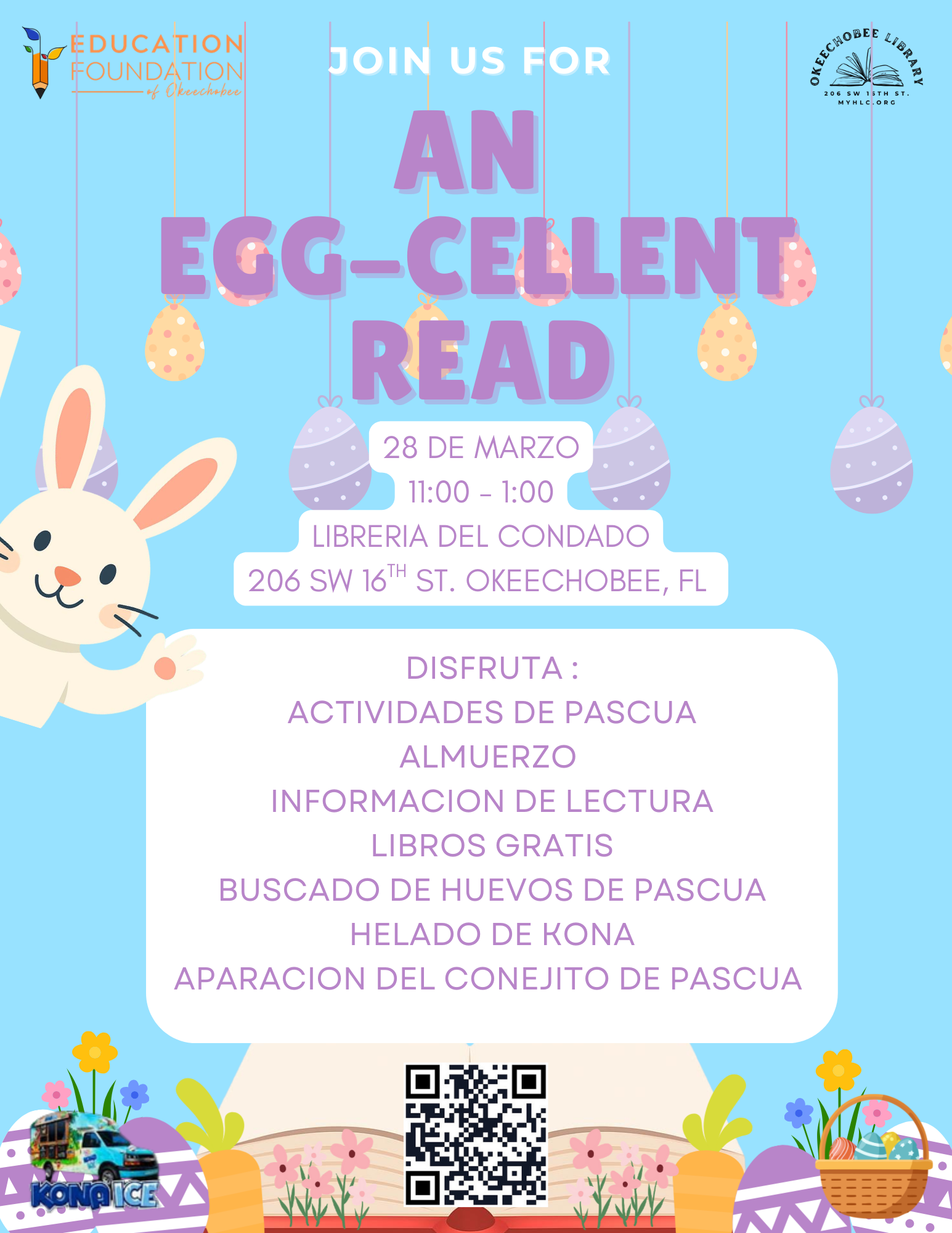 Join us on March 28 for "An Egg-cellent Read" at Okeechobee Library, with Easter activities, lunch, and free books!