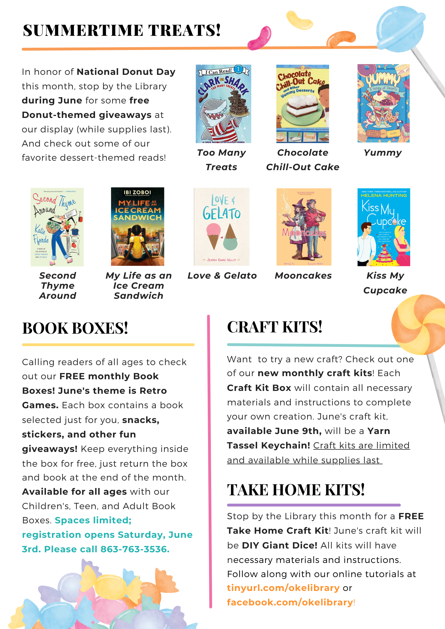 A colorful flyer promoting summer treats, free book boxes, craft kits, and take-home kits at a library for National Donut Day.