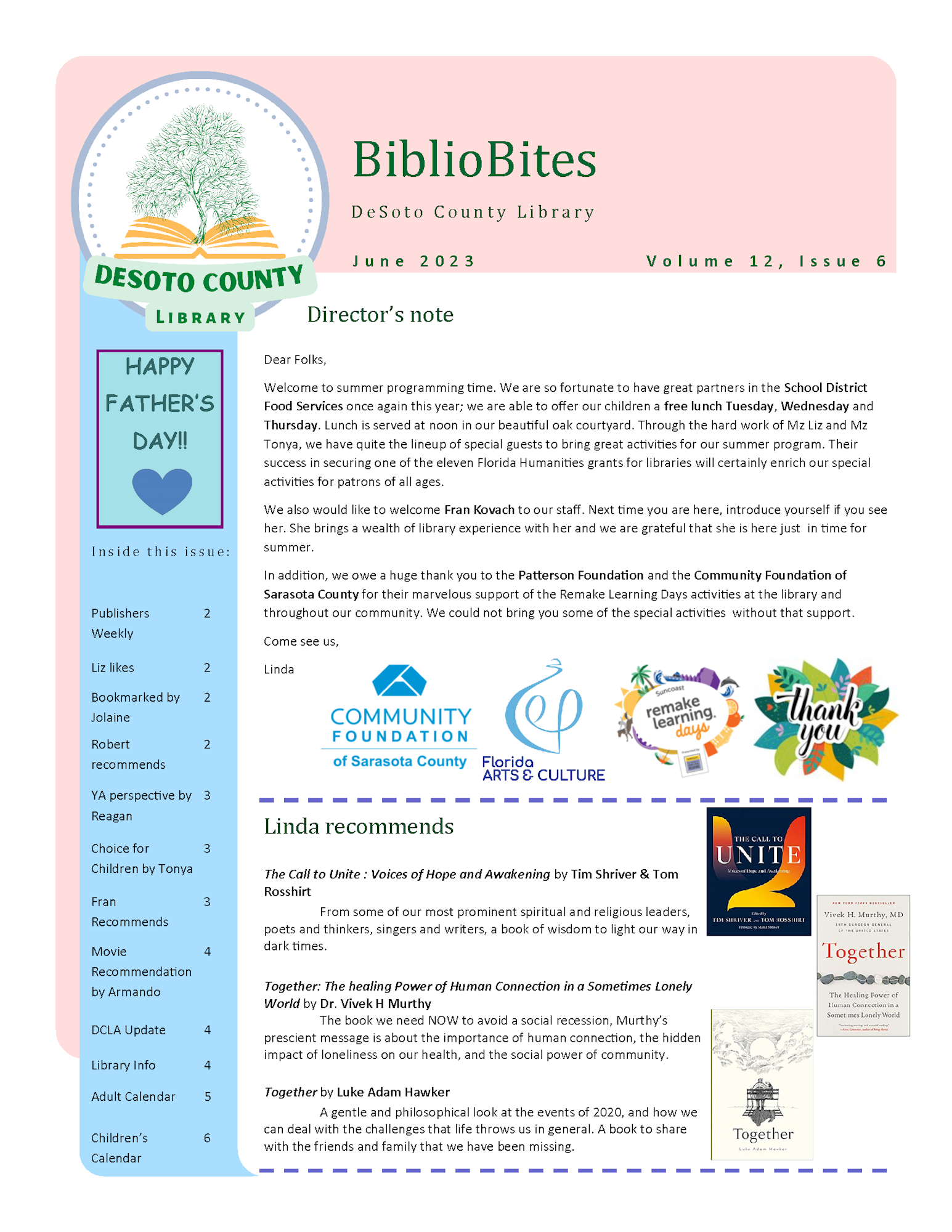 A newsletter called "BiblioBites" from DeSoto County Library, with sections like Director's note, book recommendations, and a calendar.