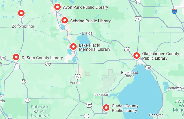A map highlighting various public libraries in the Heartland Library Cooperative service area.