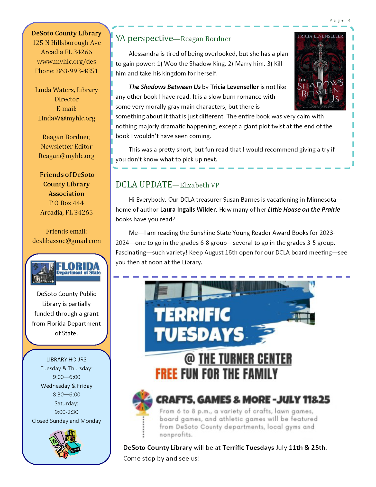 A newsletter page with a library update, a book review, event announcements, and contact information for DeSoto County Library.