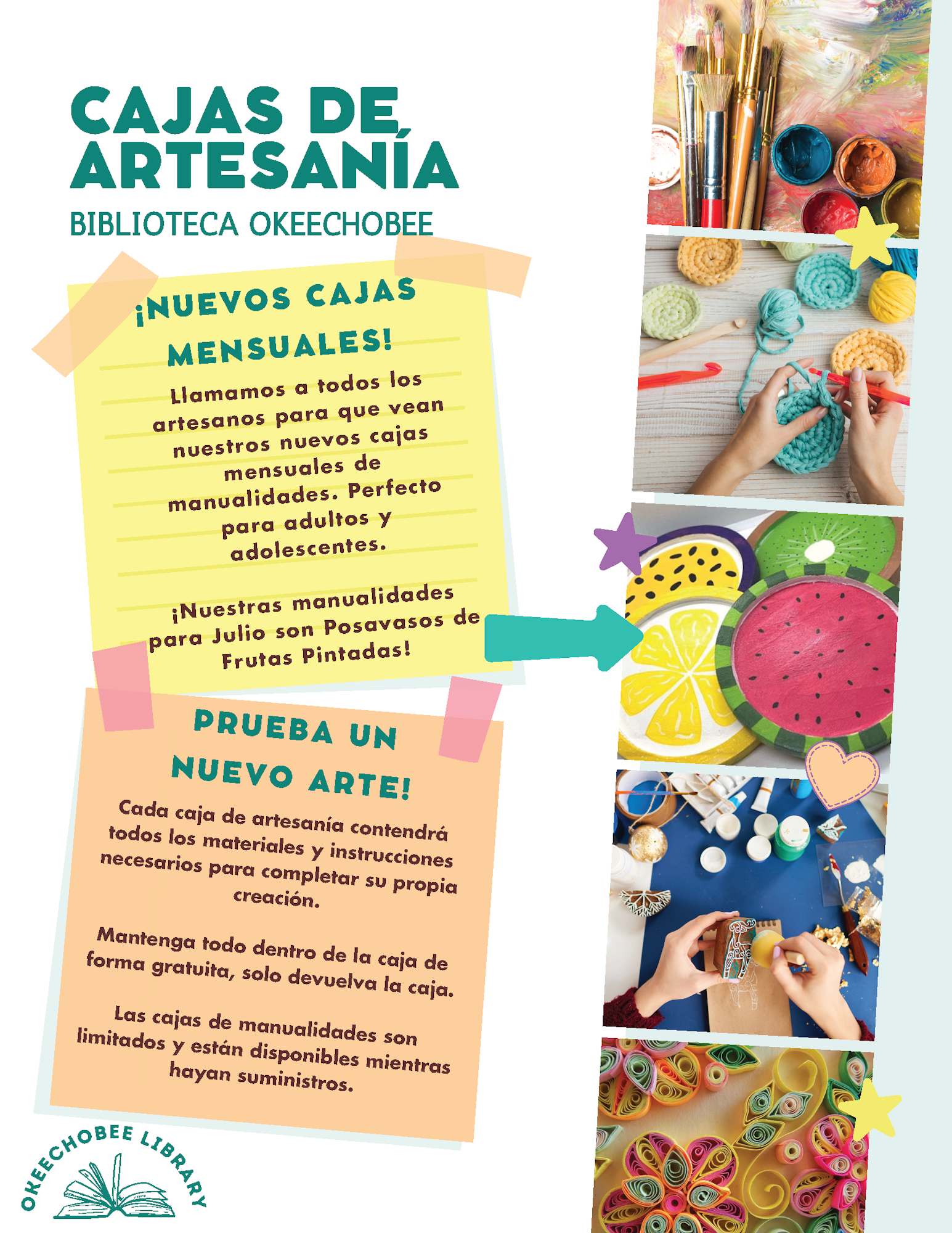 Craft kits and activities at Okeechobee Library, featuring painted fruit coasters. Perfect for adults and teens.