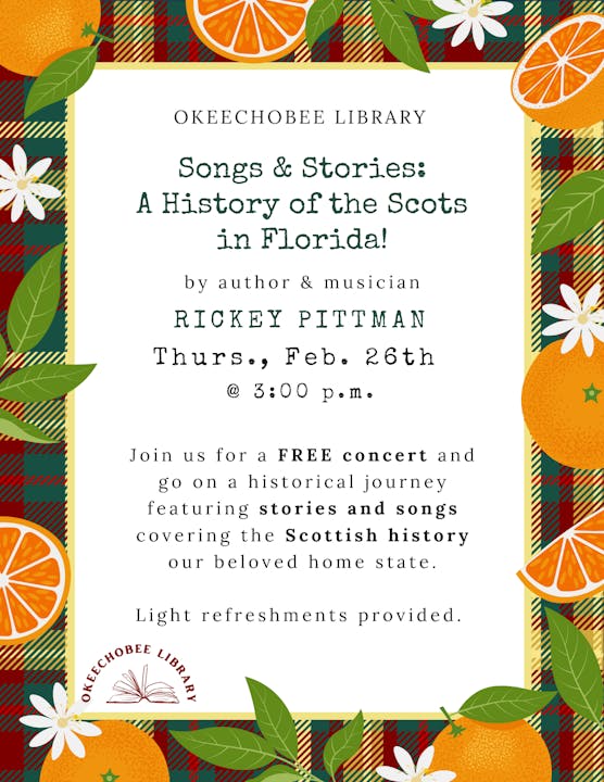Event at Okeechobee Library: "Songs & Stories" with Rickey Pittman on Feb. 26th at 3 PM. Free concert and refreshments included!