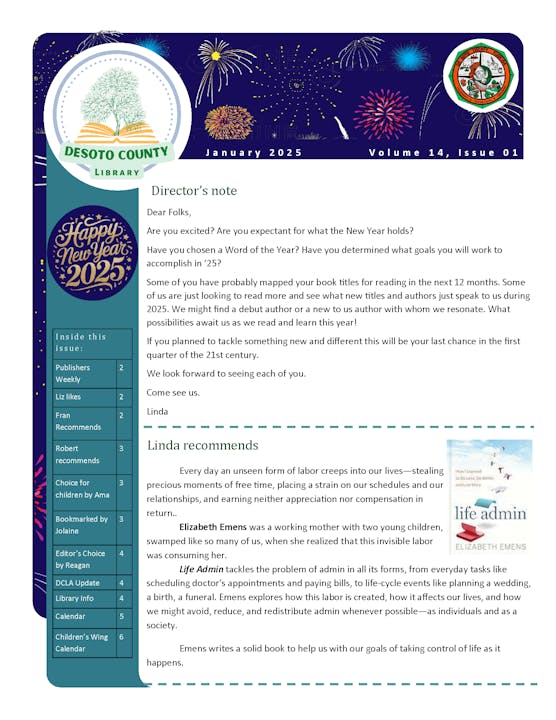 Library newsletter with a New Year’s theme, director's note, and book recommendation for "Life Admin" by Elizabeth Emens.