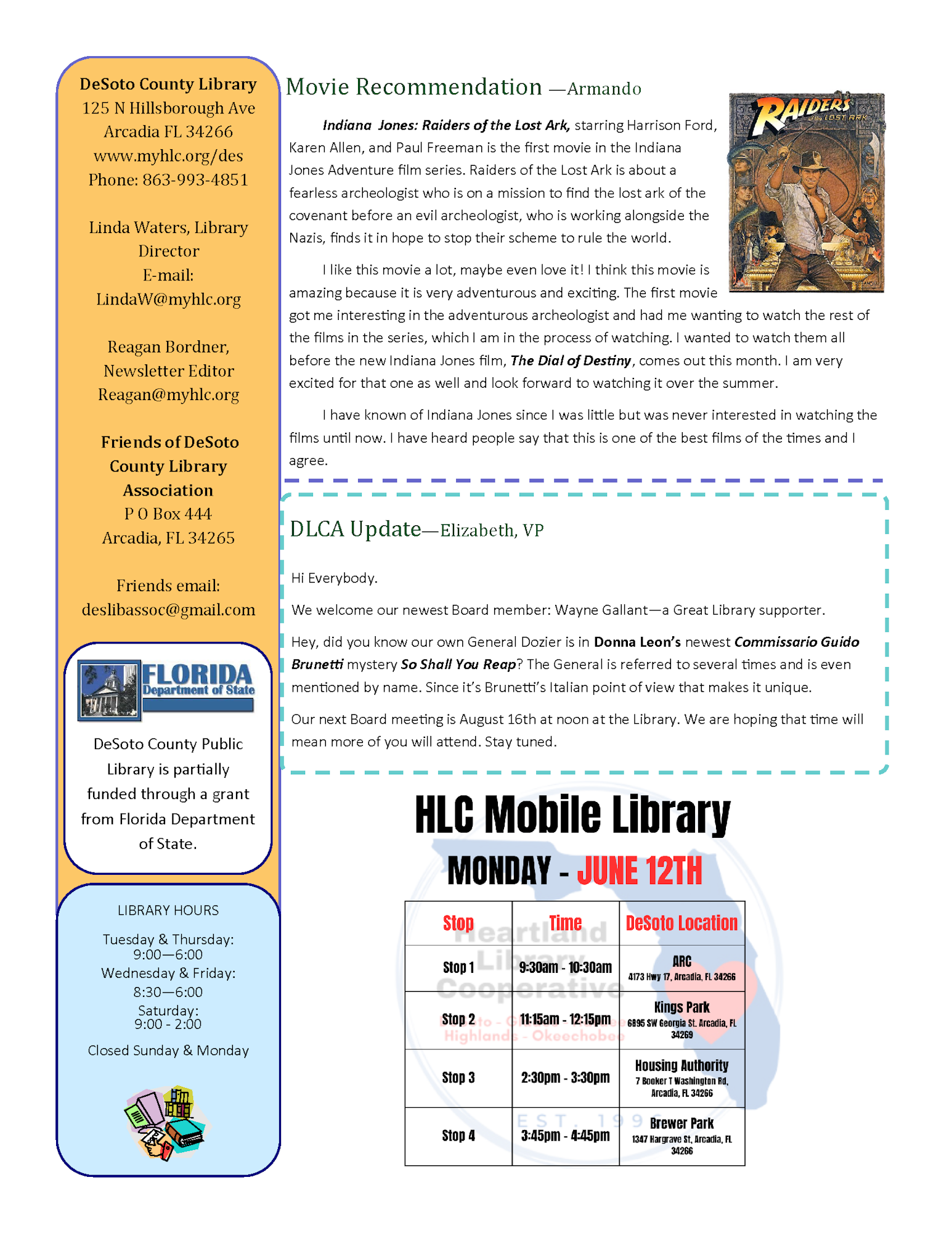 A library newsletter with a movie recommendation, board update, and mobile library schedule.