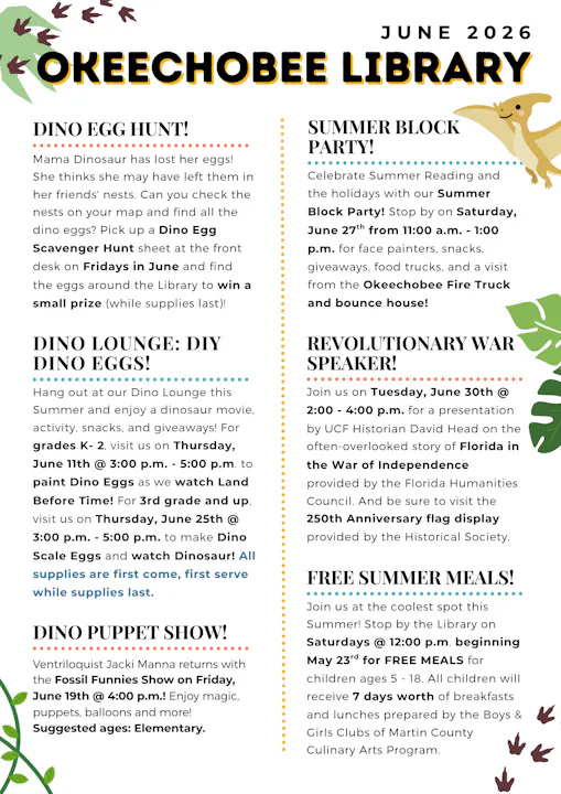 Okeechobee Library events for June 2026: Dino Egg Hunt, Summer Block Party, DIY Dino Eggs, Revolutionary War speaker, and free meals!