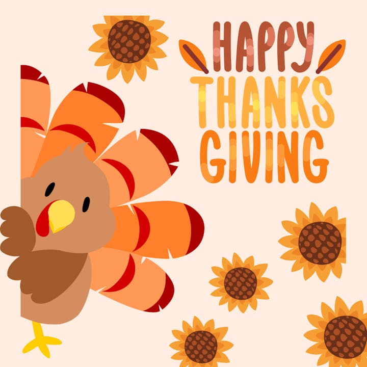 Turkey illustration with sunflowers and "Happy Thanksgiving" text.