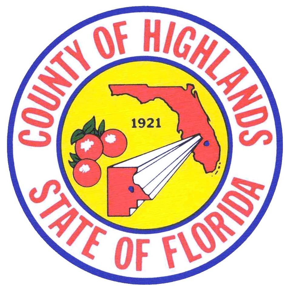 Seal of Highlands County, Florida featuring a map, airplane, citrus, and the year 1921.