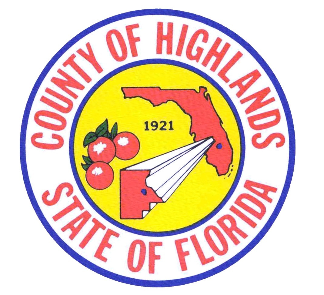 Seal of Highlands County, Florida featuring a map, airplane, citrus, and the year 1921.