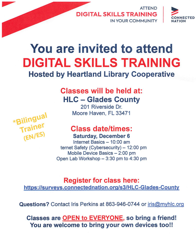 Digital Skills Training on Dec 6 at HLC, Moore Haven. Classes include Internet Basics, Cybersecurity, and Mobile Device Basics.