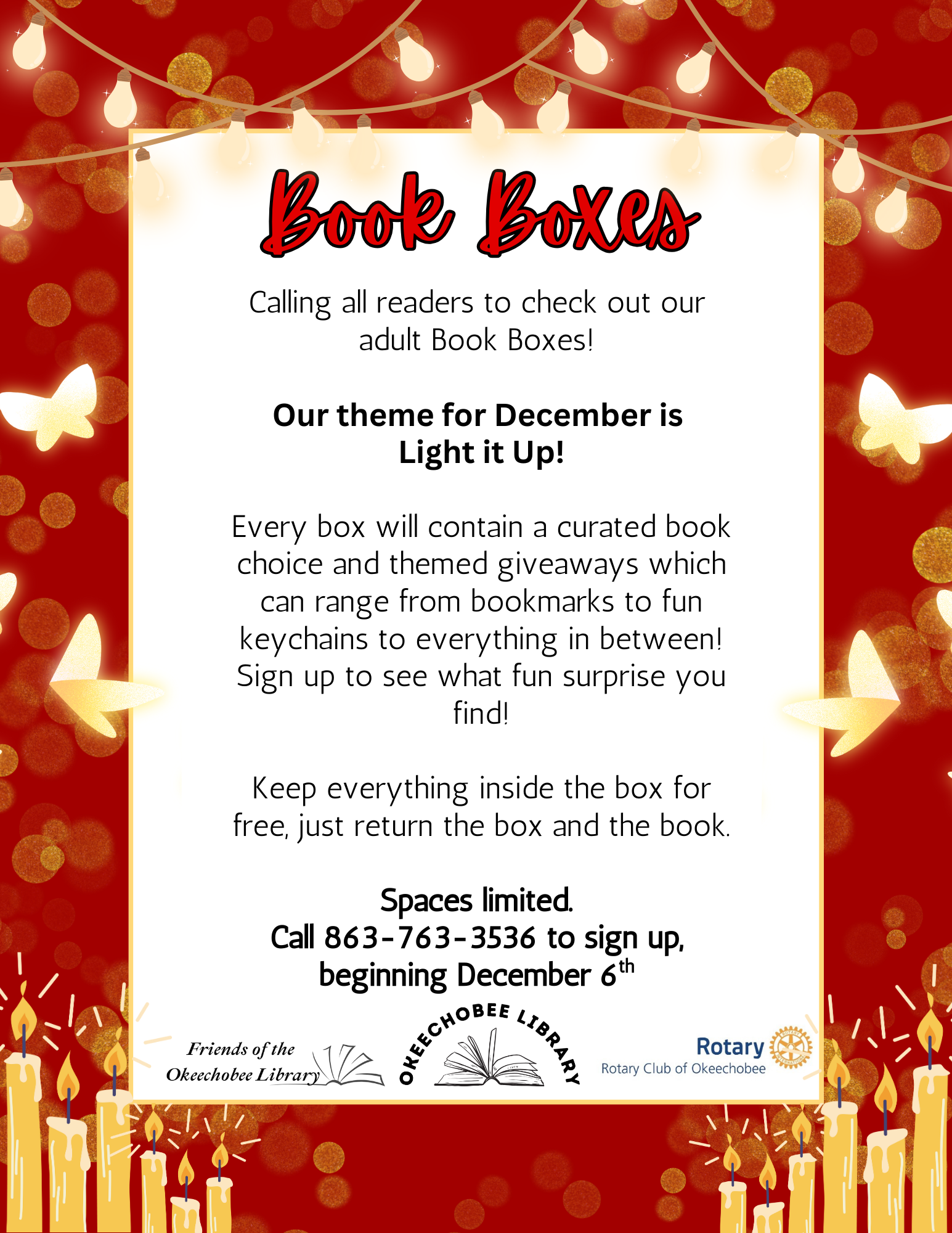 December's Book Boxes at Okeechobee Library feature themed goodies. Call to sign up starting December 6th. Limited spaces!