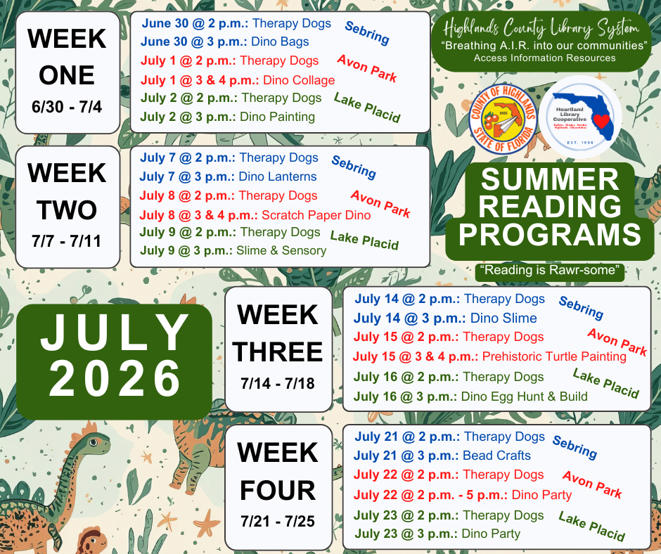 Image shows a schedule for Summer Reading Programs at Highlands County Library System in July 2026, featuring various activities and therapy dog sessions.
