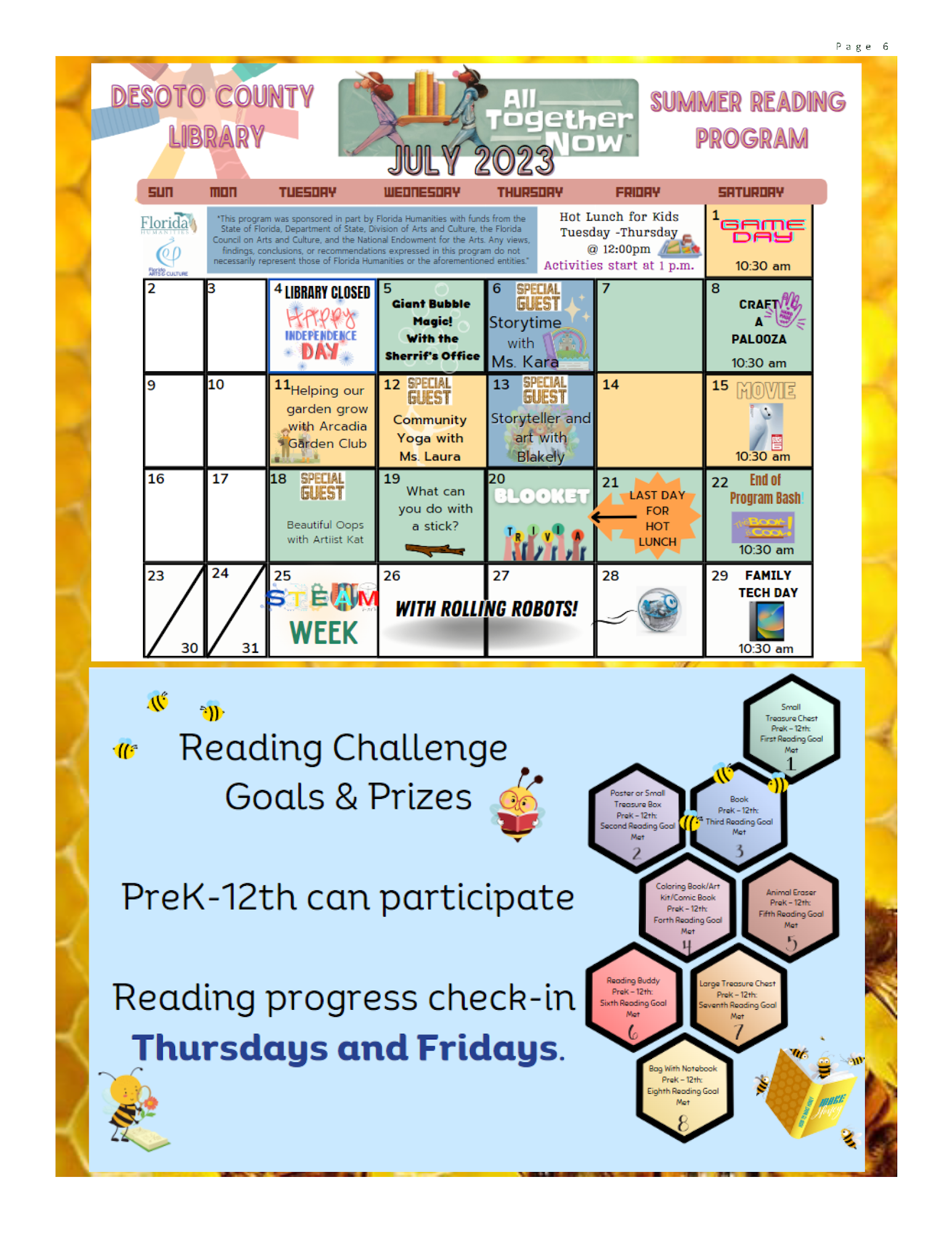A colorful summer reading program flyer for DeSoto County Library with event dates, activities, and a reading challenge.