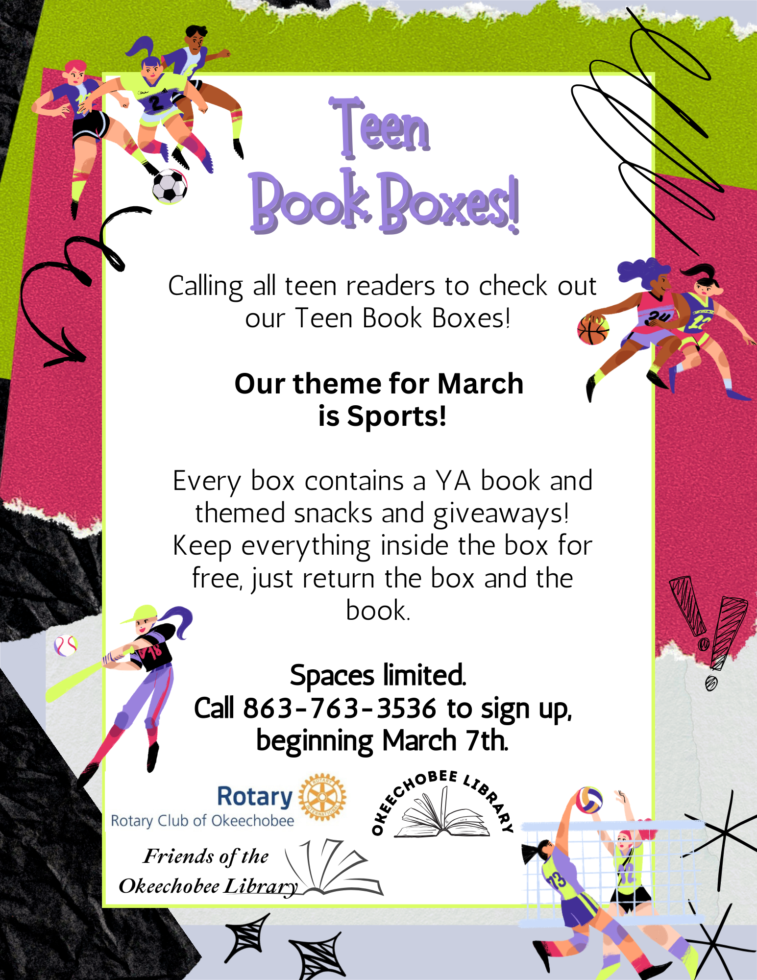 Teen Book Boxes for March are themed "Sports," featuring a YA book, snacks, and giveaways. Sign up starts March 7. Limited spots!