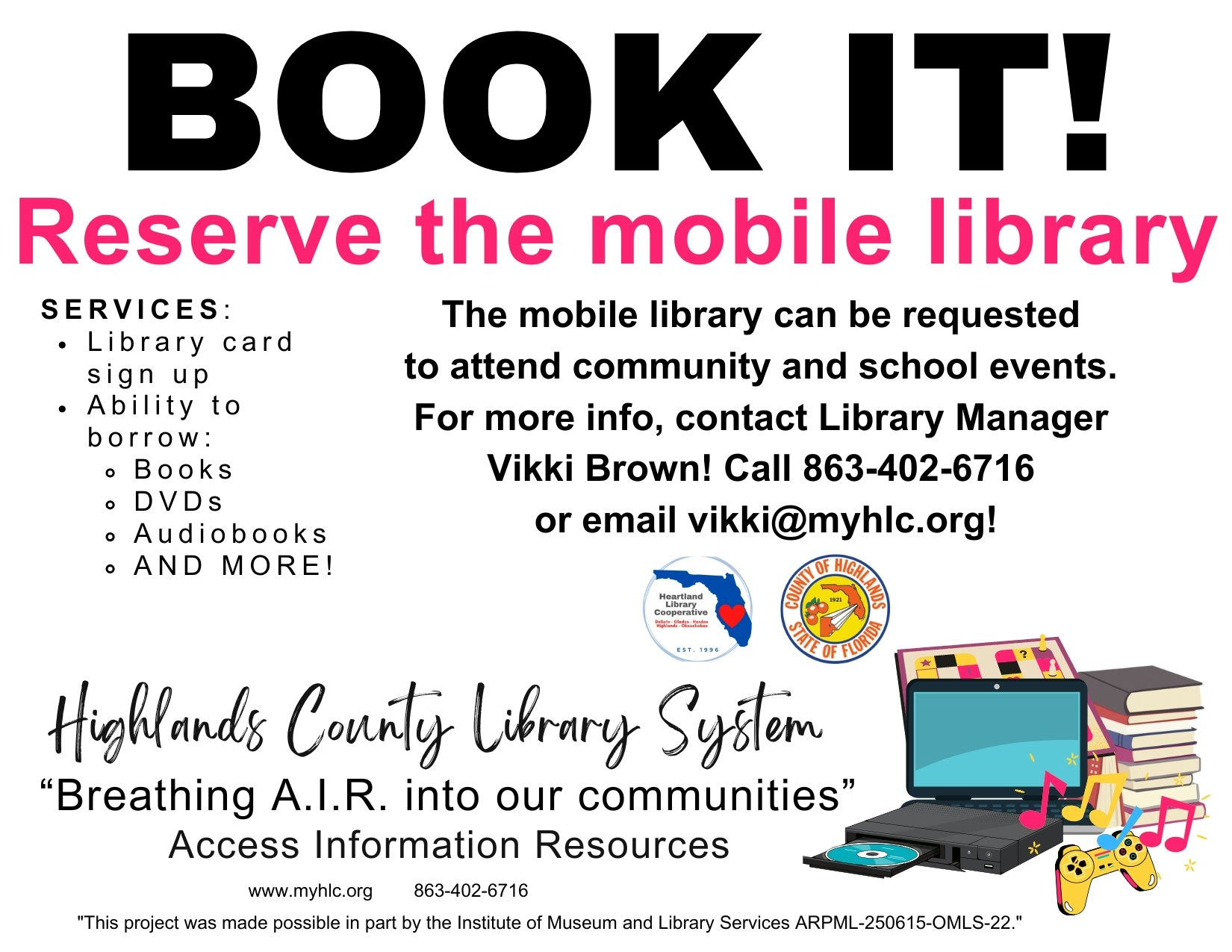 Flyer for mobile library reservations in Highlands County. Services include borrowing books, DVDs, audiobooks, and more.
