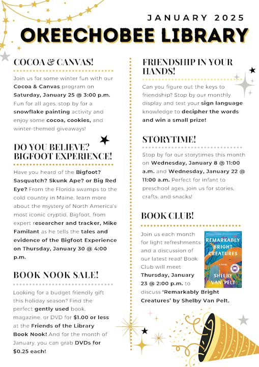 Okeechobee Library events: Cocoa & Canvas, Bigfoot Experience, Book Nook Sale, friendship display, storytime, and book club.