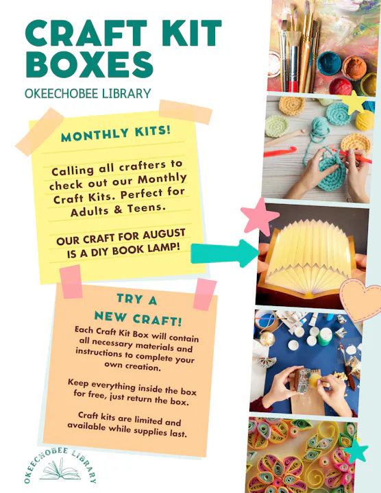 Okeechobee Library offers monthly craft kits for adults and teens; August's project is a DIY book lamp. Supplies limited!