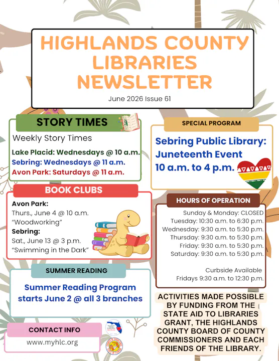 Highlands County Libraries newsletter for June 2026, featuring story times, book clubs, a Juneteenth event, and summer reading info.