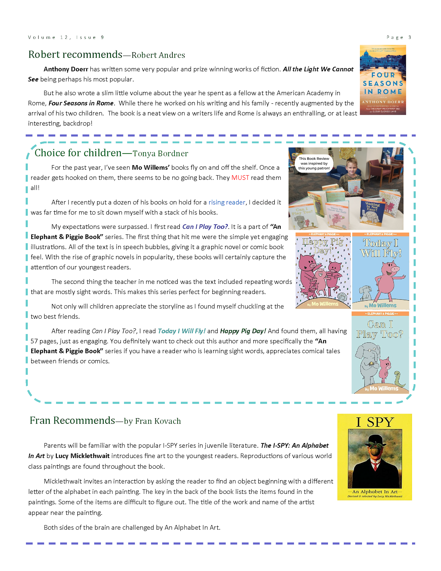 A newsletter page with book recommendations, including works by Anthony Doerr and children's titles by Mo Willems.