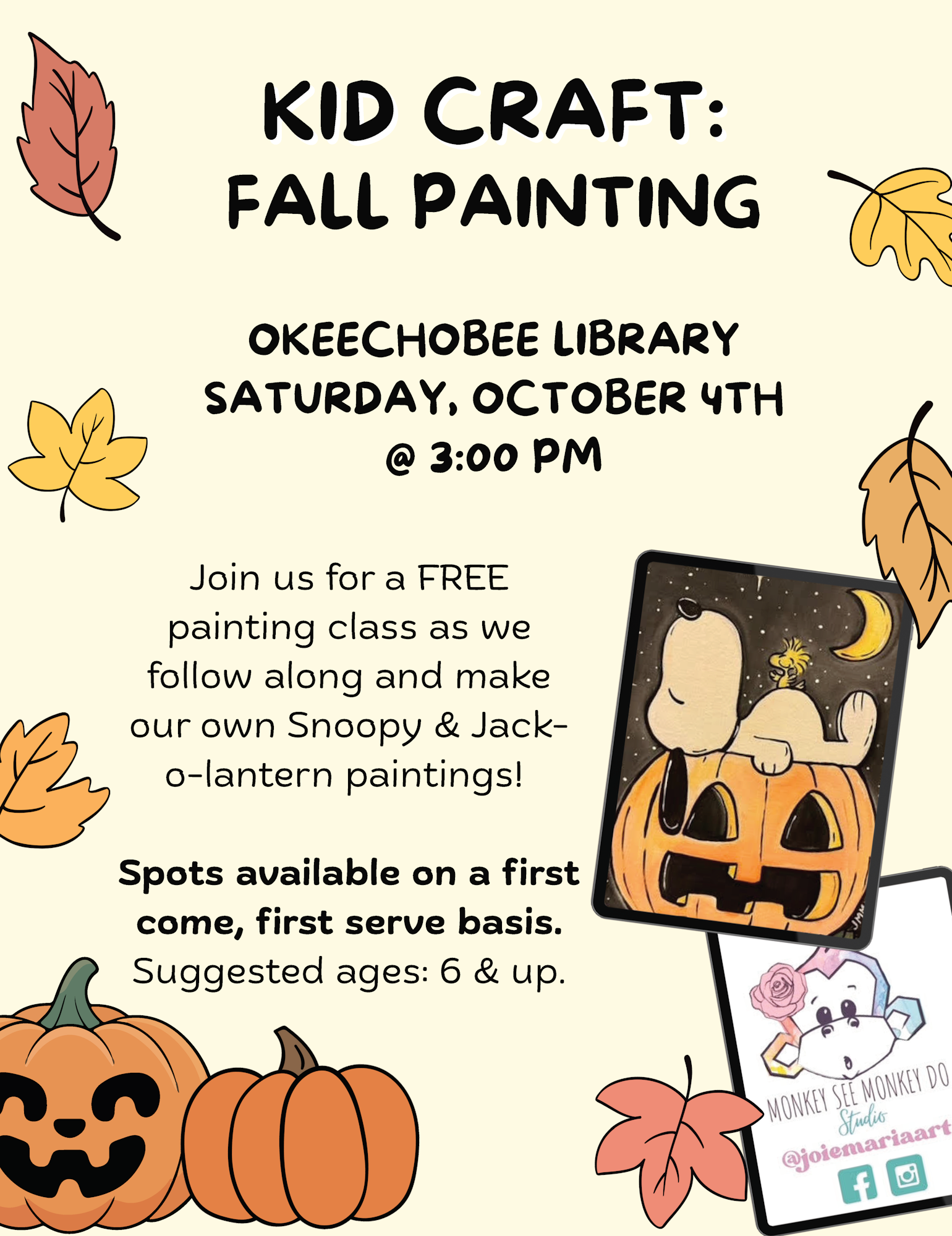 Kid Craft: Fall Painting event at Okeechobee Library on Oct 4th, 3 PM. Free painting class for ages 6+, first come, first serve.