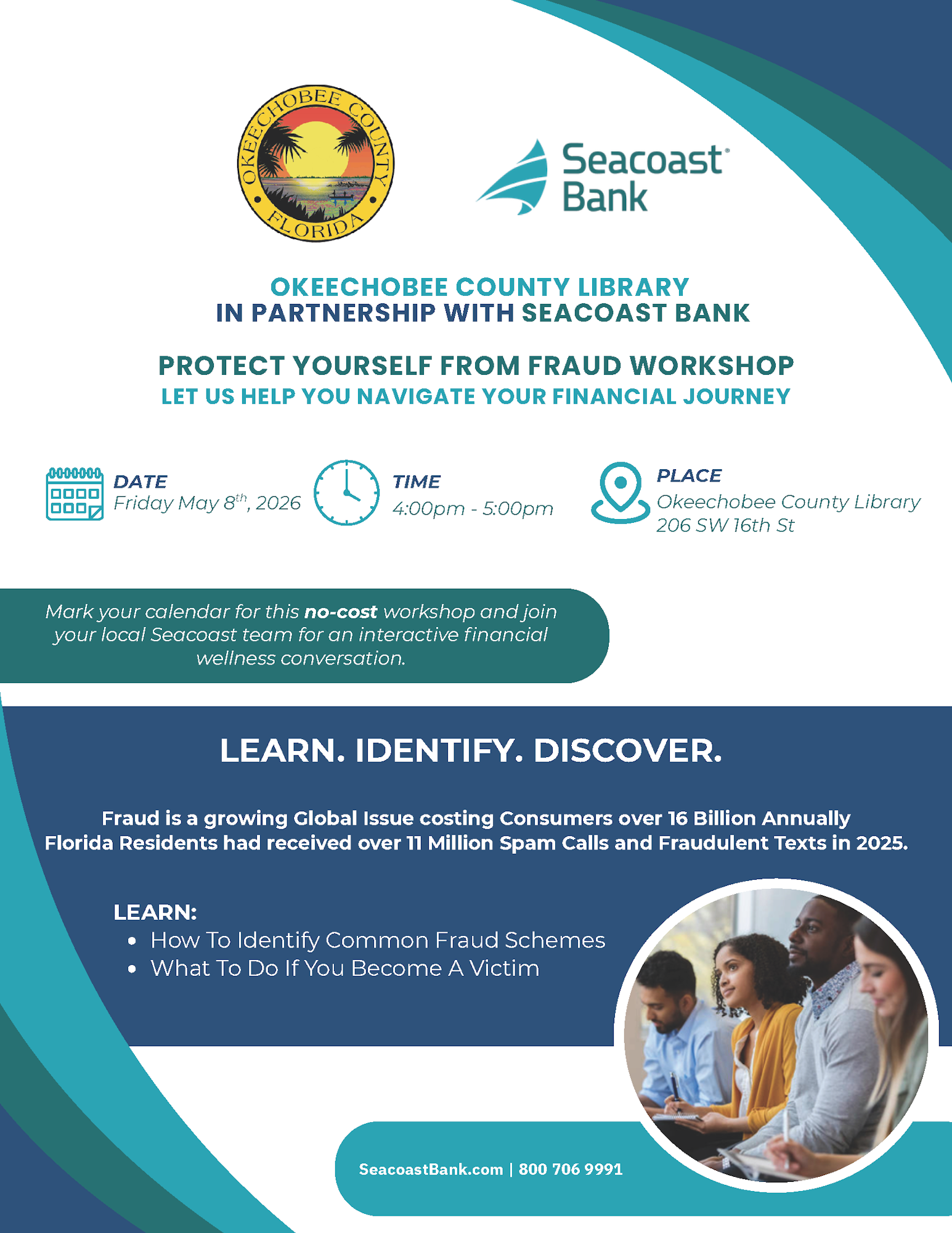 Workshop on fraud protection at Okeechobee County Library, May 8, 2026, 4-5 PM. Learn to identify and respond to fraud.
