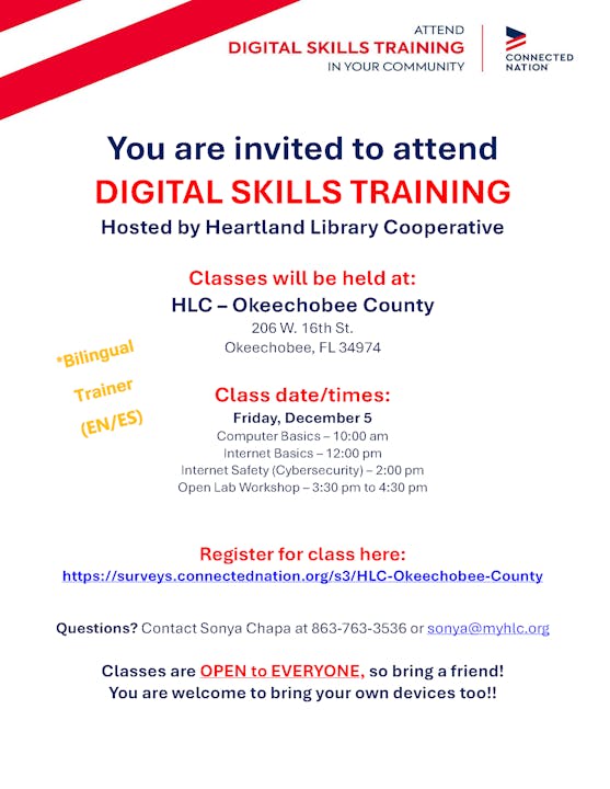 Join Digital Skills Training on Dec 5 at HLC Okeechobee. Classes on computer/internet basics & safety. Open to all!