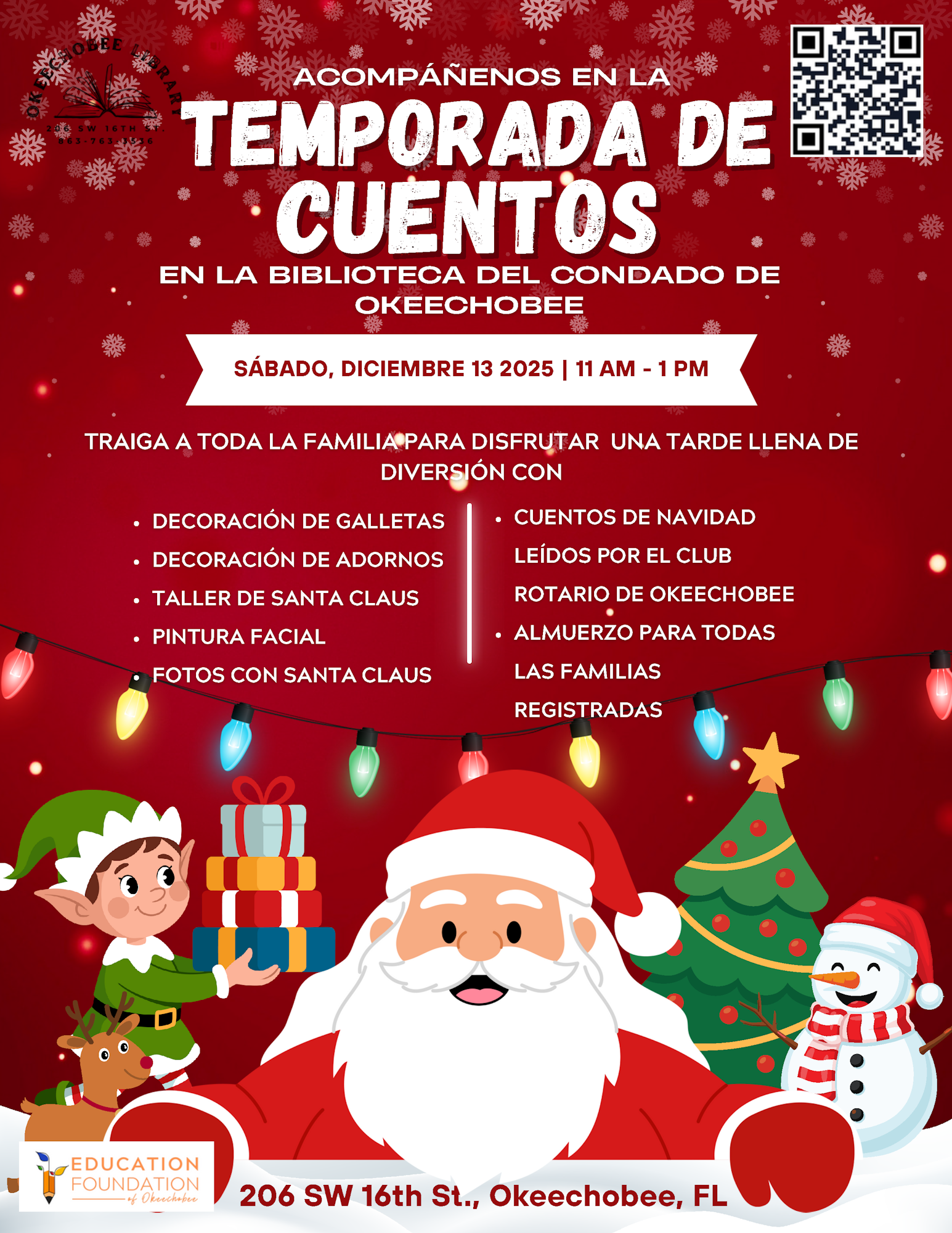 Event at Okeechobee Library on Dec 13, 2025, from 11 AM to 1 PM. Family fun with festive activities, including cookie decorating and storytime.