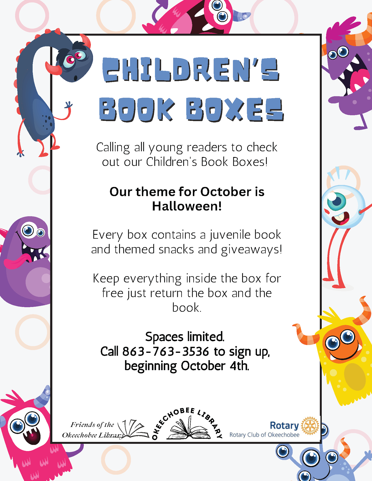 Children's Book Boxes: October's theme is Halloween! Includes a book, snacks, and giveaways. Limited space, sign up from October 4th.