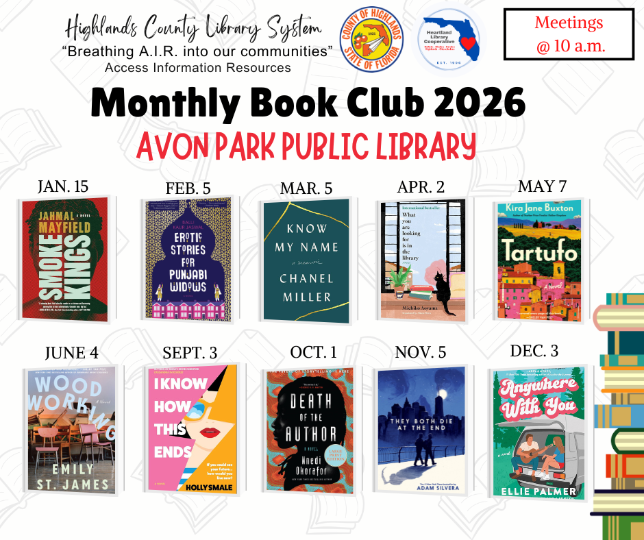 Avon Park Public Library's 2026 book club schedule with book covers and meeting dates. Sessions at 10 a.m.